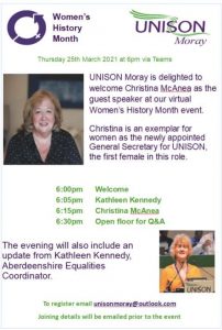 Invitation to join Moray UNISON to celebrate Women's History Month and hear from Christina McAnea